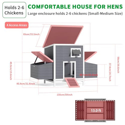 59" Large Chicken Coop for 4-6 Chickens, Wooden Hen House with Large Nesting Boxes, Outdoor Poultry Cage Rabbit Cage with Ramps & Ventilation Window, 59''L*33.5''W*38.6''H - size: 59"L x 33.5"W x 38.6"H