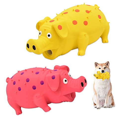 Pig Squeaky Dog Toy, 2 PCS Interactive Rubber Dog Chew Toy - Durable Latex Spot Grunting Pig Toys that Oink for Small Medium Large Dogs (Yellow, Pink) - color: Yellow, Pink