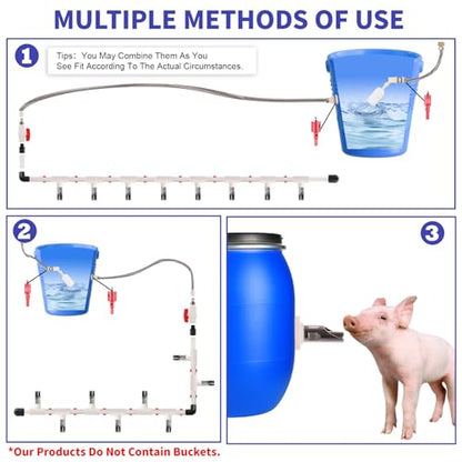 8PCS Pig Water Nipples Kit, Kalolary Automatic Pig Nipple Drinkers Kit Pig Waterer Set for Barrel Piggy Waterer System with PVC Pipeline, Float Valve and Stainless Still Hose