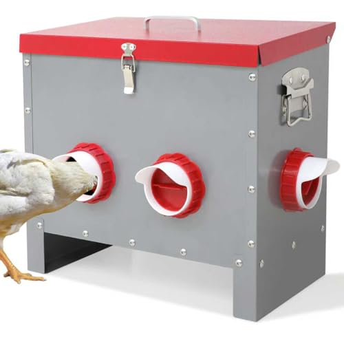 Automatic Chicken Feeder-40LB Metal Poultry Feeder No Waste with 6 Feeding Ports, Rat Proof Auto Chicken Feeders with Rust-Resistant Steel Frame, Locking Lid & Handle for Duck Geese Outdoor Use