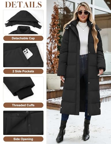 UMIPUBO Women's Long Maxi Down Coat Winter Puffer Jacket Warm Padded Outerwear Faux Fur Removable Hood Parka Full-Zip - color: Black, size: X-Large