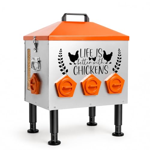 TGEYD 50LB Large Chicken Feeder – 8 Feeding Ports, No-Waste Poultry Feeder with Transparent Viewing Window, Anti-Roost Lid, & Scale-Mark Round Legs