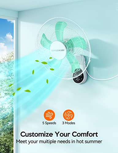VAGKRI Wall Mount Fan, 16 Inch Wall Fans with 5 Blades, 5 Speeds, 8 Hour Timer, 90° Oscillating Quiet Fans with Remote for Home Office Bedroom Living Room Garage (White) - color: White
