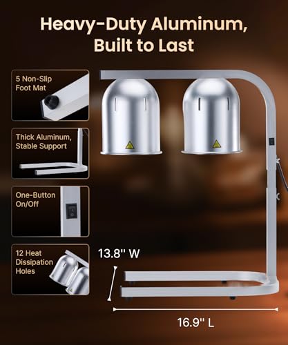 Heat Lamp for Food 500W Teflon-Coated Bulbs Food Heat Lamp for Fast and Even Heating Commercial Food Warmer with 5 Adjustable Height Lamp Stand for Home Restaurant Buffet Bakery Silver | Fast and Even Heating Commercial Food Warmer with 5 Adjustable Heigh