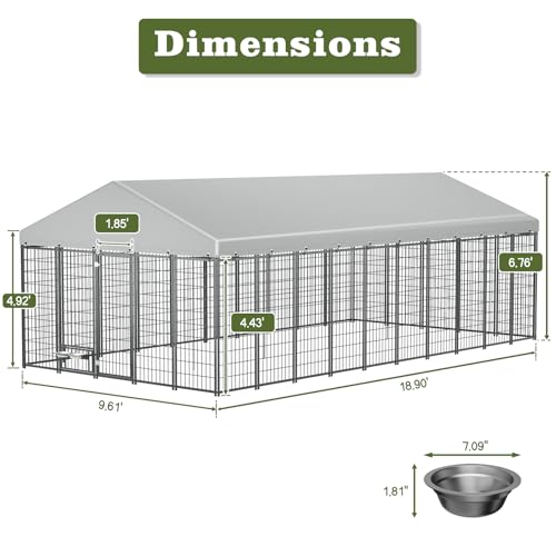 Large Dog Kennel Outdoor with Waterproof Roof Cover 18.9'L X 9.6'W X 6.76'H Metal Dog Run Enclosure Pet Pen Fence with 2 Rotatable Feeders Outside Dog House for Yard Chicken Coop Animals Ventilated