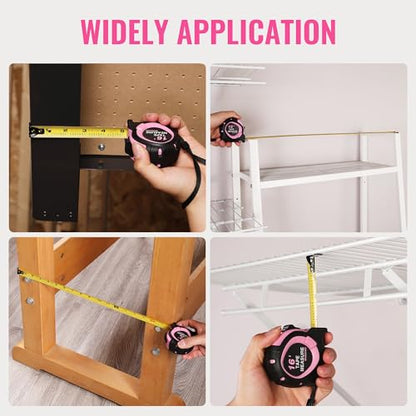 WORKPRO 16-FT Tape Measure with Fractions, 3 Brakes Retractable Measuring Tape, Compact Measurement Tape with Magnetic Hook, Nylon Coating Blade Accuracy 1/32”, Pink - style: 16-FT