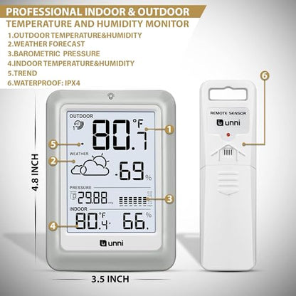 Wireless Weather Stations, with 330ft Range Sensor and Adjustable Backlight Inside Outside Monitor (White) - color: White+Grey