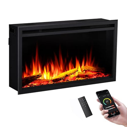 LegendFlame 33" W Smart Wall Mount & in Wall Recessed Electric Fireplace Insert, Heater 750W/1500W, Multi Colors of Flame & Fuel Bed, Alexa/Google Assistant Enabled - size: 33" DEEP