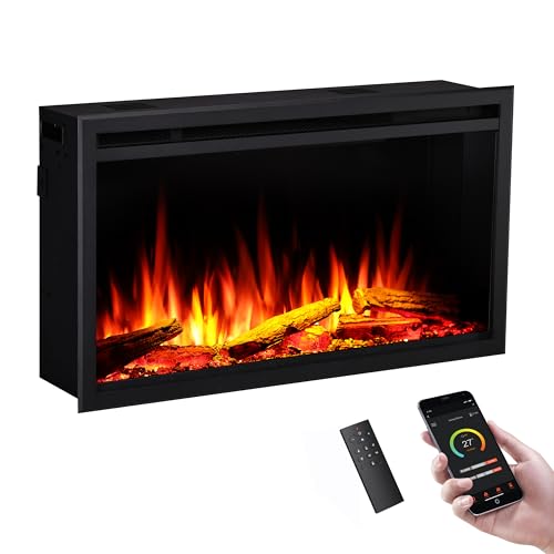 LegendFlame 33" W Smart Wall Mount & in Wall Recessed Electric Fireplace Insert, Heater 750W/1500W, Multi Colors of Flame & Fuel Bed, Alexa/Google Assistant Enabled - size: 33" DEEP