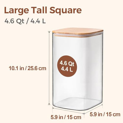 ComSaf 4.6Qt Glass Food Storage Containers, 1.2 Gallon Glass Flour and Sugar Containers with Airtight Lids, Large Square Jars with Bamboo Lids for Rice, Pasta, Oats, Grains, Cookies, Coffee Beans - color: 4.6Qt-Square