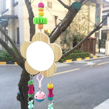 Wooden Chicken Mirror with Bell Hanging Pecking Play for Hens and Roosters Coop Pet Bird Supplies Random Color