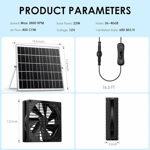 7 Inch 44W Solar Powered Two Fan Exhaust Vent Large Airflow for Outside Greenhouse Chicken Coop Shed Trailer, IPX7 Waterproof Brushless DC Motor 16.5 Ft On/Off Switch Cable