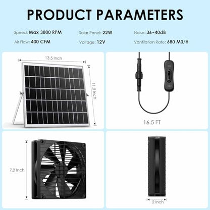 7 Inch 44W Solar Powered Two Fan Exhaust Vent Large Airflow for Outside Greenhouse Chicken Coop Shed Trailer, IPX7 Waterproof Brushless DC Motor 16.5 Ft On/Off Switch Cable