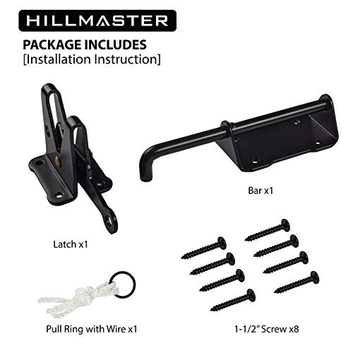 HILLMASTER Heavy Duty Automatic Gate Latch for Wooden Fences with Pull String, 7.5" Self-Locking Gravity Gate Door Latches with Handle for Outdoor Garden, Pool, Metal Gates, Vinyl Fence, Black Finish