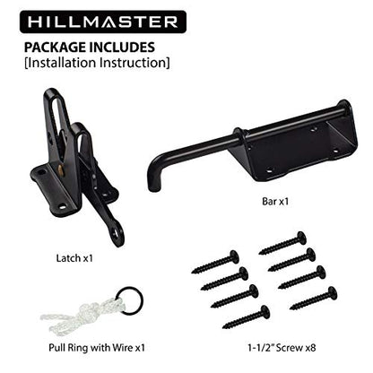 HILLMASTER Heavy Duty Automatic Gate Latch for Wooden Fences with Pull String, 7.5" Self-Locking Gravity Gate Door Latches with Handle for Outdoor Garden, Pool, Metal Gates, Vinyl Fence, Black Finish