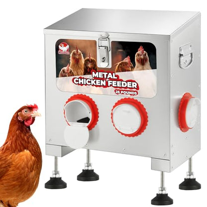Sidasu 25 lbs 4-Port Galvanized Chicken Feeder No Waste with Locking Lid&Riveted Handles,Adjustable Height,Large Capacity Rainproof Automatic Chicken Feeders for Chickens, Poultry Coop,Silver - size: 25lbs
