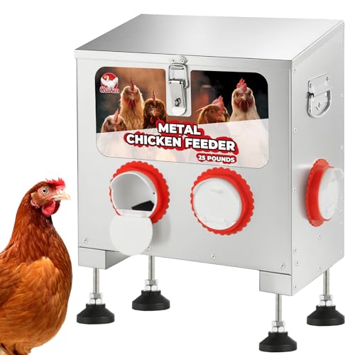 Sidasu 25 lbs 4-Port Galvanized Chicken Feeder No Waste with Locking Lid&Riveted Handles,Adjustable Height,Large Capacity Rainproof Automatic Chicken Feeders for Chickens, Poultry Coop,Silver - size: 25lbs