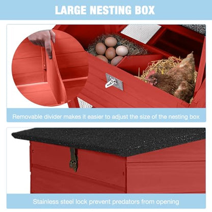 Large Chicken Coop with Run, Mobile Chicken Tractor with Wheels, Wooden Hen House with Waterproof Roof, Nesting Box and Pull-Out Tray, Poultry Cage for 4 Chickens, Rabbit/Bunny Hutch (Red) - color: Red