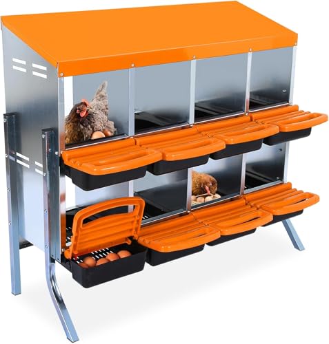 Hetoy Chicken Nesting Box with Roll Out Egg Collection, Metal Multi Compartment Hen Laying Box w/Ventilation & Resting Platform, Wall Mounted/Floor Rollaway Nesting Boxes for Laying Eggs - color: Orange with stand, size: 8 Compartment