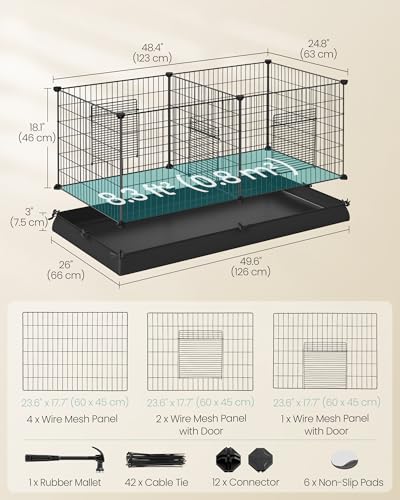 SONGMICS Guinea Pig Cages, Metal Grid Small Animal Playpen with Waterproof Washable Liner, 2 Separate Spaces for Rabbits, Ferrets, Bunnies, Hedgehogs，48.4 x 24.8 x 18.1 Inches, Black ULPI07H - color: Black, size: 48.4"L x 24.8"W x 18.1"H, style: 7 Panels