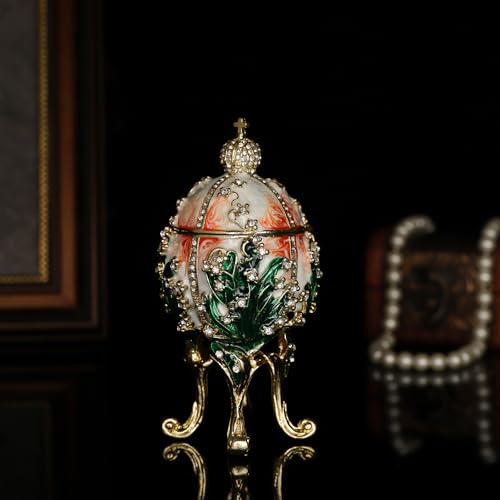 QIFU Hand Painted Orange White Faberge Egg Style Enamel Trinket Box Hinged, Unique Gift for Family - color: Orange White