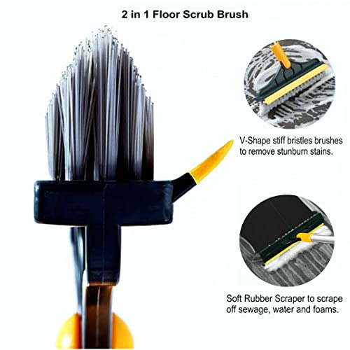 2 in 1 Cleaning Scrub Brush Grout Brush Scrape Floor Scrub Brush with Long Handle V-Shape Stiff Bristle Brush Scrubber with Squeegee 120°Rotating Shower Scruber for Cleaning Bathroom Glass Wall - color: Yellow