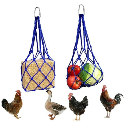Chicken Vegetable Hanging Feeder 2PCS, Reusable String Bag Net Hanging Feeder for Chickens Ducks Coops Toy, Enrichment Toys, Treat Holder, No Waste Poultry Accessory(Blue) - color: Blue
