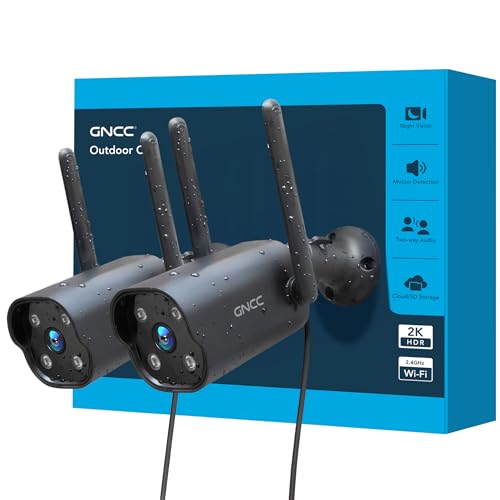 GNCC 2K Outdoor Security Camera, 24/7 Recording, Plug-in, AI, Black-2P | Plug-In, 9.85ft Cord, No Battery, AI Detect, 2-Way, IP65, Alexa, SD Free, Cloud Opt, 2.4G WiFi Only, Easy Install - color: Black-2P