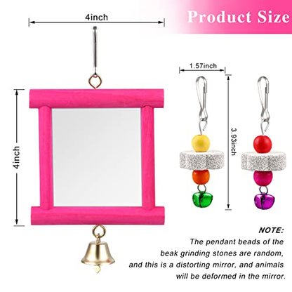 Sumind 2 Pieces Chicken Mirror Toys Hanging Swing Mirror with Bell Wooden Pecking Toy and 4 Pieces Beak Grinding Molar Stones for Hens Birds Parrots - color: Rose Red,Yellow