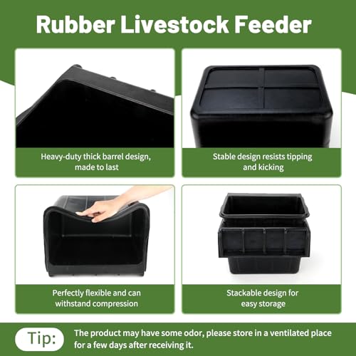 3 Pack 17 Quart Rubber Horse Feed Bucket Heavy Duty Plastic Hay Feeder for Stall Fence Pasture Stable Mountable Cattle Sheep Cow Feeding Pan with Hook for Easy Hanging Black