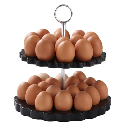 Acacia Wooden Double Layer Egg Holder for 32 Fresh Eggs, Modern Countertop Egg Storage Rack, Fits Chicken, Duck, Turkey Eggs - color: black