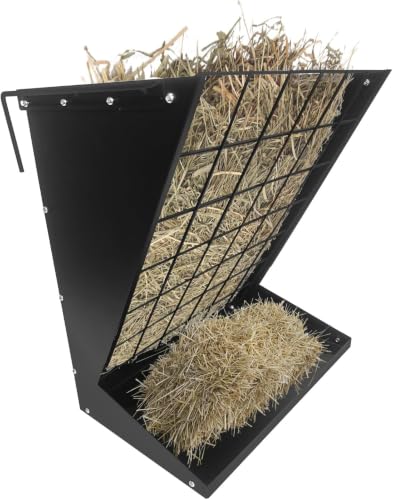 2 in 1 Wall Mount Hay Feeder for Goats, Heavy Duty Galvanized Steel Hay Rack with 18.5 Gallon Capacity & Grain Tray, Heavy-Duty Galvanized Steel Goat Feeders for Sheep, Horses, Cattle – Indoor/Outdoor - color: Black