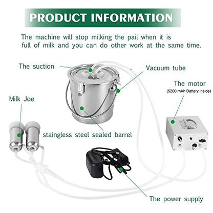 3L Cow Electric Milking Machine, Automatic Rechargeable Battery Powered Pulsation Vacuum Pump with 2 Teat Cups Stainless Steel Bucket for Goat(Battery Model) - color: Cow, size: 3LBattery