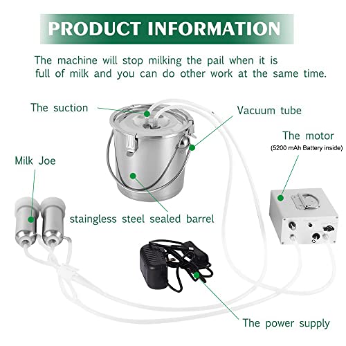 7L Cow Battery Milking Machine,Rechargeable Battery & Adjustable Suction Pulsation Vacuum Electric Milker,Portable Automatic Breast Pump with 2 Teat Cups Stainless Steel Bucket for Goats - size: 7L Cow Battery