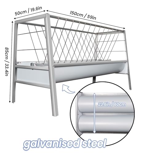 90-Gallon Heavy Duty 2-in-1 Goat Hay Feeder - Multi-Functional Galvanized Steel Hay & Grain Trough for Pastures, Barns & Farm Use