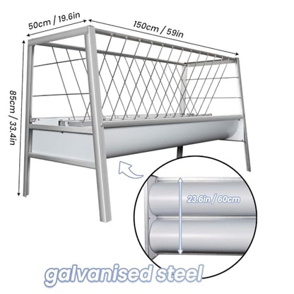 90-Gallon Heavy Duty 2-in-1 Goat Hay Feeder - Multi-Functional Galvanized Steel Hay & Grain Trough for Pastures, Barns & Farm Use