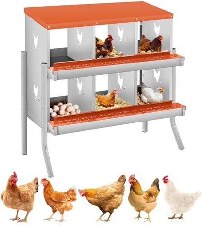 Garvee Chicken Nesting Box, 6 Compartments Nesting Box for Chickens, Galvanized Steel Chicken Laying Box for Easy Egg Collection, Wall Mounting - color: Orange | 6 Compartments+legs