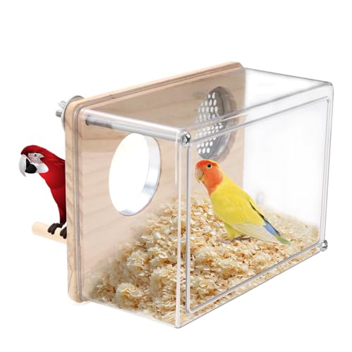 Parakeet Nesting Box for Cage, High-Transparent PET Parakeet Nest, Versatile Bird Houses for Canary, Lovebird and Parrot, Bird Boxes for Nesting with Wood Perch, Bird Cage Accessories (S, Rectangle)