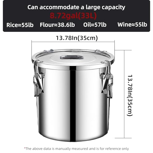 304 stainless steel food storage containers with lids lock clips airtight container large airtight for rice flour sugar grain coffee bean storage containers Kitchen jar (8.72gal/33L) - size: 8.72gal