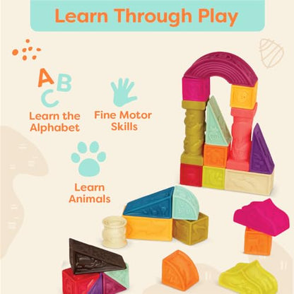 B. toys – Elemenosqueeze – 26 Soft Sort & Stack Baby Blocks with Alphabet – Architectural Building Blocks – Shapes, Letters & Animals – 6+ Months - style: Baby Blocks Set 2