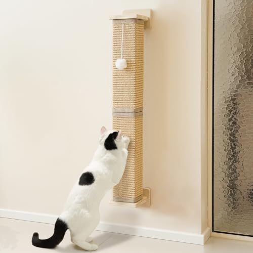 PETKARAY Wall Mounted Cat Scratcher, 30" Large Sisal Cat Scratcher for Wall, Square Sisal Cat Scratching Post with Toy Ball - size: Wall Post