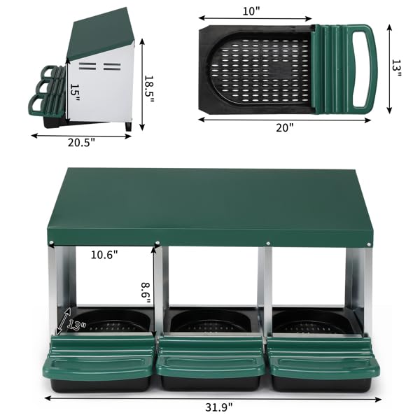 Chicken Nesting Box, 3 Compartments Metal Chicken Laying Boxes with Roll Out Egg Collection, Plastic Fake Eggs, Install Accessories and Gloves for Hens/Goose/Duck/Rabbit, Green