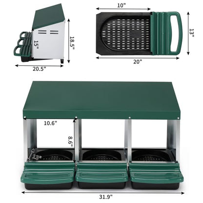 Chicken Nesting Box, 3 Compartments Metal Chicken Laying Boxes with Roll Out Egg Collection, Plastic Fake Eggs, Install Accessories and Gloves for Hens/Goose/Duck/Rabbit, Green