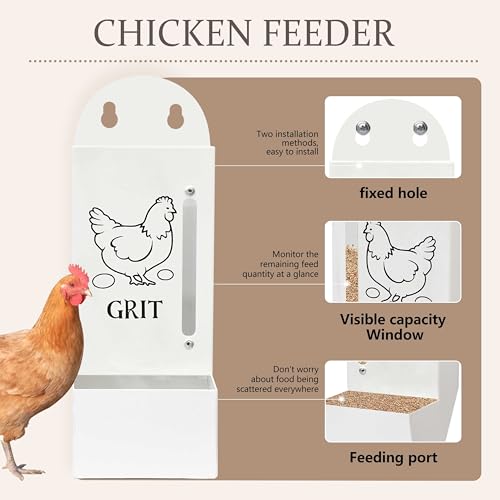 Chicken Grit and Oyster Shell Feeder, Poultry Feeder with Visual Window, No-Mess Weatherproof, Metal Hanging Gravity Chicken Feeder, Chicken Coop Accessories (Oyster-White) - color: White