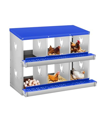 6 Compartment Chicken Nesting Boxes, Metal Roll Away Egg Laying Boxes with Removable Tray & Lid Cover, Chicken Coop Nest Box for Hens, Egg Protection Design (Without Legs) Blue - color: Blue, size: 6 hole - without leg