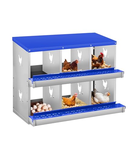 6 Compartment Chicken Nesting Boxes, Metal Roll Away Egg Laying Boxes with Removable Tray & Lid Cover, Chicken Coop Nest Box for Hens, Egg Protection Design (Without Legs) Blue - color: Blue, size: 6 hole - without leg