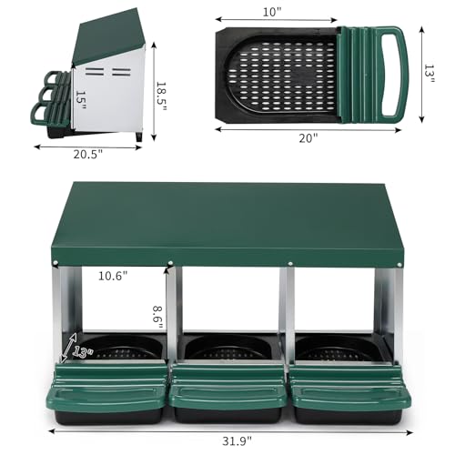 3 Compartment Roll Out Chicken Nesting Box with Plastic Basket, Egg Nest Box Chicken Laying Box Hens Chicken Coop Box with Swing Perch and Roll Out Egg Collection for Chicken Coop, Green - size: 3 Compartment
