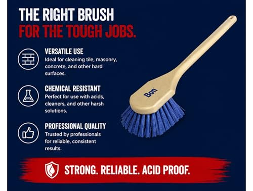 Bon Acid Proof Gong Brush Extra Stiff Plastic Bristles with 20 in. Durable Plastic Handle Heavy Duty Scrub Brush for Concrete Masonry and Surface Prep with 4 1/2 in. Wide Head and 1 1/2 in. Trim - size: 4.5 inches (head), 20 inches (handle)