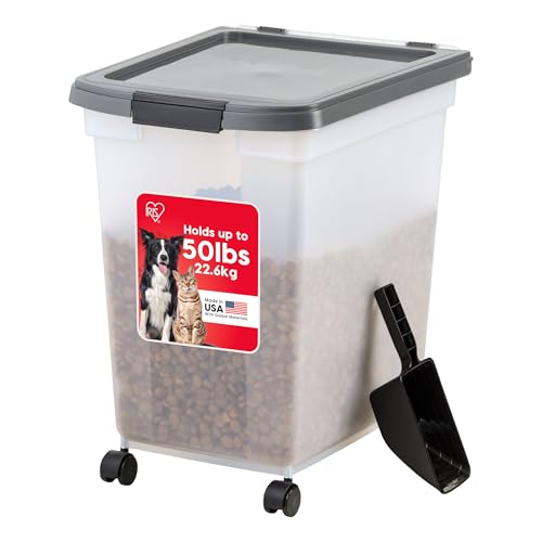 IRIS USA Dog Food Storage Container 50 lbs, with Removable Rolling Wheels & Included Scoop, for Dog Cat Bird and Other Pets, Food Storage Bin, Keep Fresh, Made in USA, Clear/Dark Gray - color: Dark Gray, size: 50 lbs