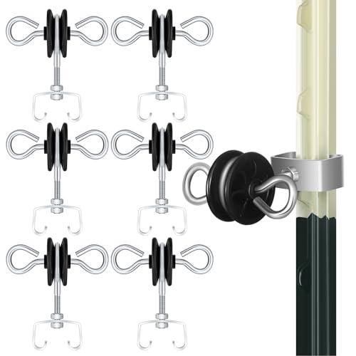 Gisafai 6 Pcs Electric Fence Gate Handles T Post Gate Handle Anchors Double Hook 2 Rings Steel Insulators with Easy Screws for Wire Electric Fence Wood Post Agricultural and Ranchers, Black